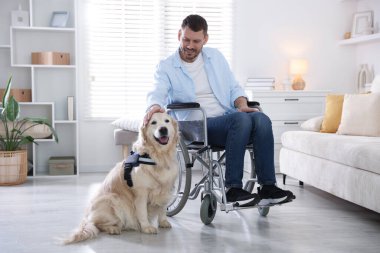 Tekerlekli sandalyedeki adam ve hizmetli köpeği evde