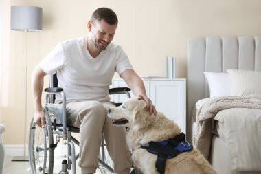 Tekerlekli sandalyedeki adam ve hizmetli köpeği evde