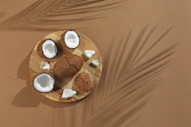 Taze hindistan cevizleri ve tropikal palmiyelerin bej arka planda bıraktığı gölgeler. Metin için boşluk