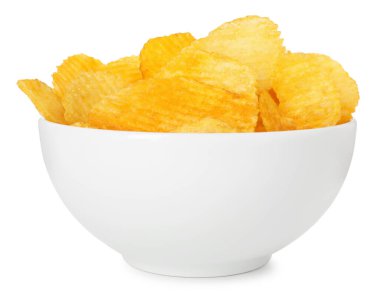 beyaz izole kase lezzetli patates cipsi