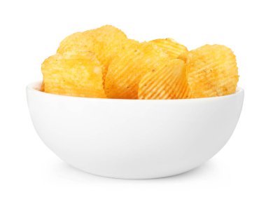 beyaz izole kase lezzetli patates cipsi