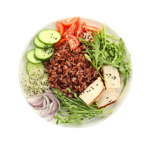 Lezzetli salata, kahverengi pirinç, beyaz, üst manzara.