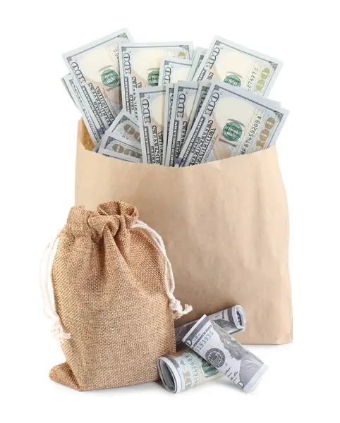 Para çantaları ve dolar banknotları beyaza izole edilmiş.