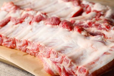 Ahşap masada çiğ domuz pirzolası, yakın plan.