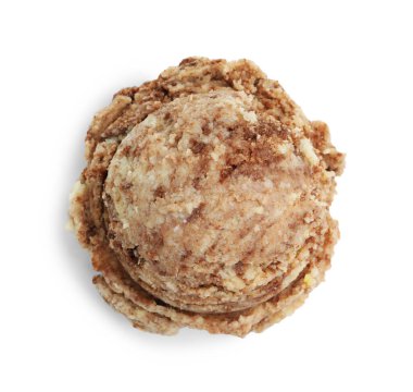 Beyaz arka planda bir kepçe leziz dondurma.