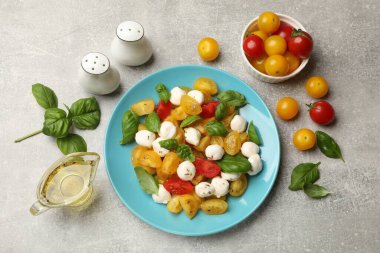 Sarı domatesli lezzetli salata, fesleğen ve mozzarella peyniri açık gri masada, düz yatıyordu.