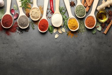 Gri masadaki kaşıklarda bir sürü farklı baharat var. Metin için boşluk