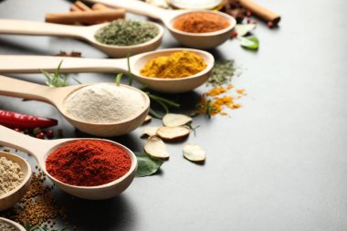 Gri masadaki kaşıklardaki farklı baharatlar, yakın plan. Metin için boşluk