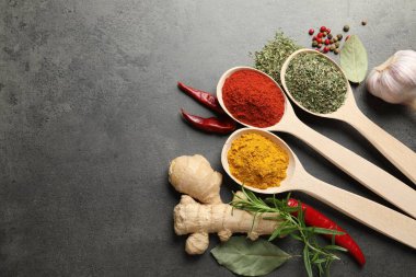 Gri masadaki kaşıklarda bir sürü farklı baharat var. Metin için boşluk