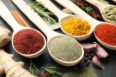 Siyah masada kaşıklardaki farklı aromatik baharatlar, yakın plan.