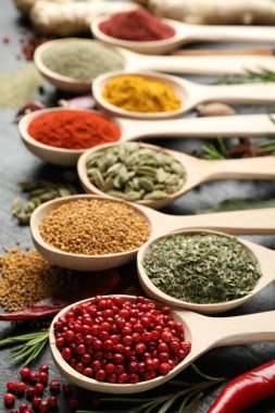 Siyah masada kaşıklardaki farklı aromatik baharatlar, yakın plan.