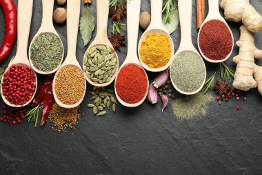 Siyah masadaki kaşıklardaki farklı aromatik baharatlar. Metin için boşluk