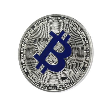 Kripto para birimi. Beyaz üzerine izole edilmiş gümüş bir bitcoin