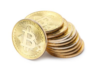 Kripto para birimi. Birçok altın bitcoin beyaz üzerinde izole