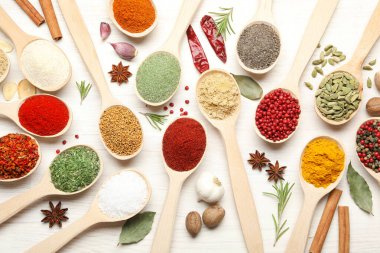 Beyaz ahşap masadaki kaşıklardaki farklı aromatik baharatlar.