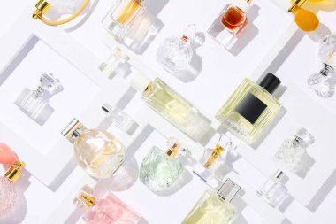 Beyaz arka planda farklı lüks parfümler, düz yatış