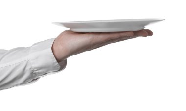 Beyaz arka planda boş plakalı adam, yakın plan