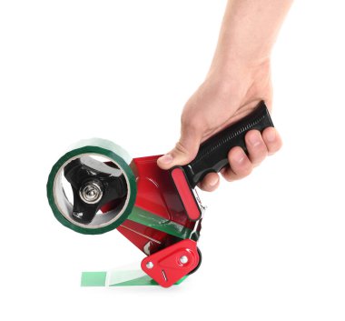 Beyaz arka planda yapıştırıcı bantlı adam, yakın plan.