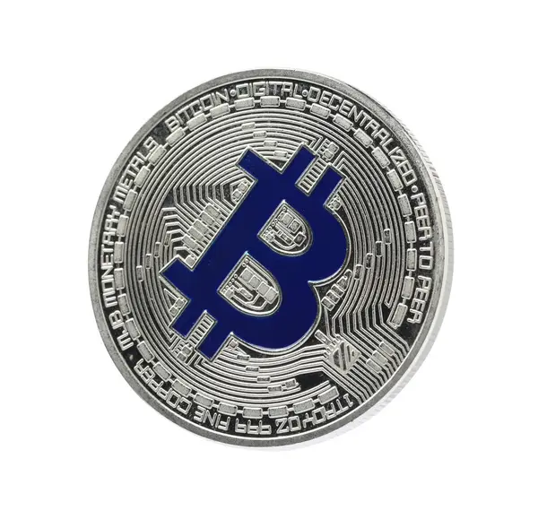 Kripto para birimi. Beyaz üzerine izole edilmiş gümüş bir bitcoin