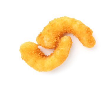 İki lezzetli tempura karidesi beyaza izole edilmiş, üst manzara.