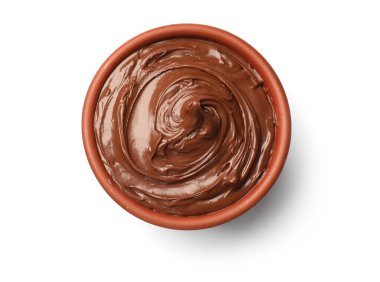 Lezzetli çikolata kaseye yayılmış, beyaz, üst manzara.