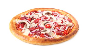 Tütsülenmiş sosis ve beyaz mantarlı lezzetli pizza.