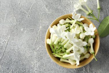 Güzel yasemin çiçekleri gri masada kasede yatıyordu. Metin için boşluk