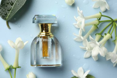 Parfüm ve yasemin çiçekleri açık mavi arka planda, düz yerde