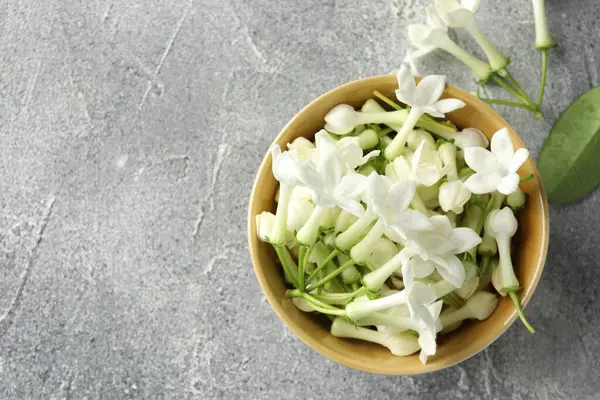 Güzel yasemin çiçekleri gri masada kasede yatıyordu. Metin için boşluk