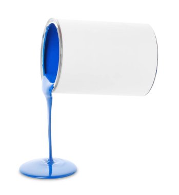 Blue paint flowing down from can on white background