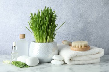Spa composition with wheatgrass on white marble table