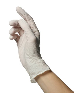 Beyaz arka planda tıp eldivenli doktor, yakın plan.