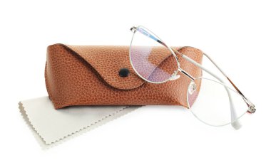 Case with stylish glasses and cleaning cloth isolated on white