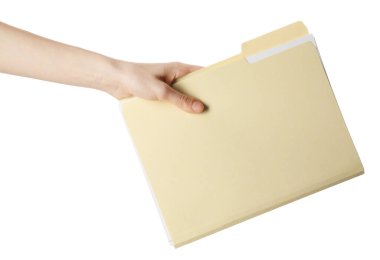 Beyaz arkaplanda kağıt dosya dizini tutan kadın, kapat