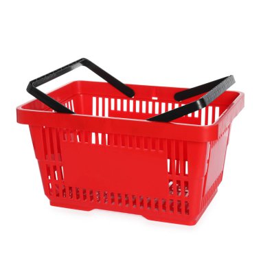 Beyaza izole edilmiş kırmızı bir alışveriş sepeti.