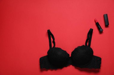 Kırmızı arka planda dantelli sütyen ve ruj. Metin için boşluk