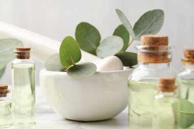 Önemli yağ şişeleri, okaliptüs yaprakları, masaya havan topu ve tokmak, yakın plan.