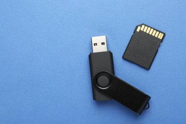 Flaş bellek ve hafıza kartı mavi arka planda, düz konum. Metin için boşluk