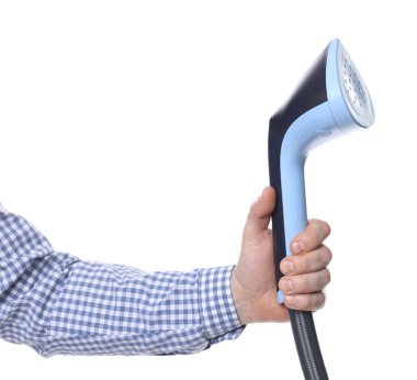 Beyaz arka planda buharlı adam, yakın plan