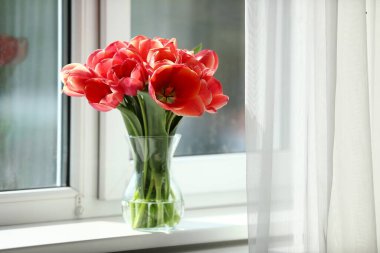 Pencere pervazında vazodaki güzel laleler