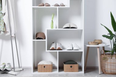 Farklı ayakkabı, aksesuar, giysi ve ev bitkilerine sahip raf ünitesi. Ayakkabı deposu