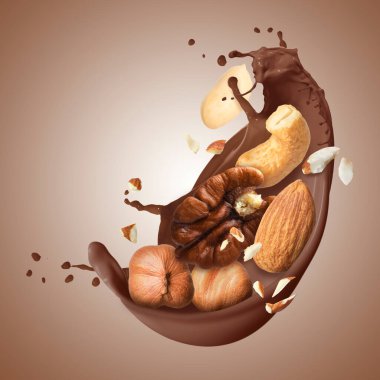 Kahverengi arka planda fındıklı çikolata sıçraması.