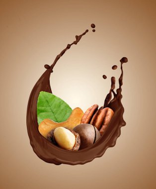 Kahverengi arka planda fındıklı çikolata sıçraması.