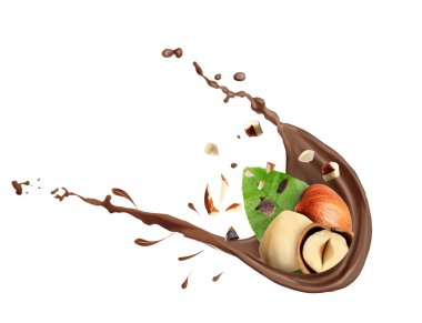 Beyaz arka planda fındıklı çikolata sıçraması.