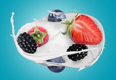 Süt sıçraması ve mavi arka planda farklı taze meyveler.