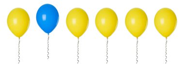 Bireysellik, eşsizlik, farklılık. Beyaz zemin üzerinde sarı olanlar arasında mavi balon
