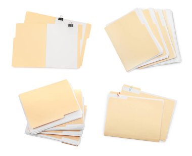 Dosya klasörleri beyaz üzerine izole edilmiş kağıtlar, kolaj. Üst görünüm