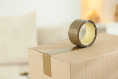 Kapalı alanda yapıştırıcı bantlı karton kutu kapatılıyor.