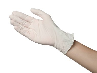 Beyaz arka planda tıp eldivenli doktor, yakın plan.
