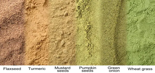 Geçmişi, kolajı olan farklı süper yiyecek tozları. Pankart tasarımı